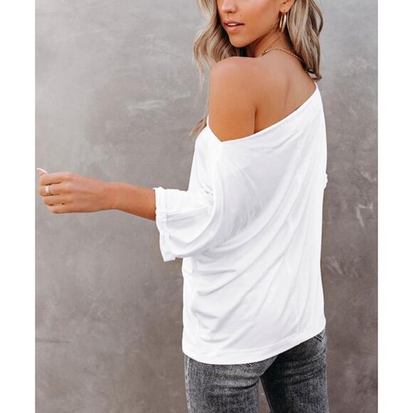 Womens Off Shoulder Shirt Summer Casual Loose Short Sleeve Top - Picture 4 of 5
